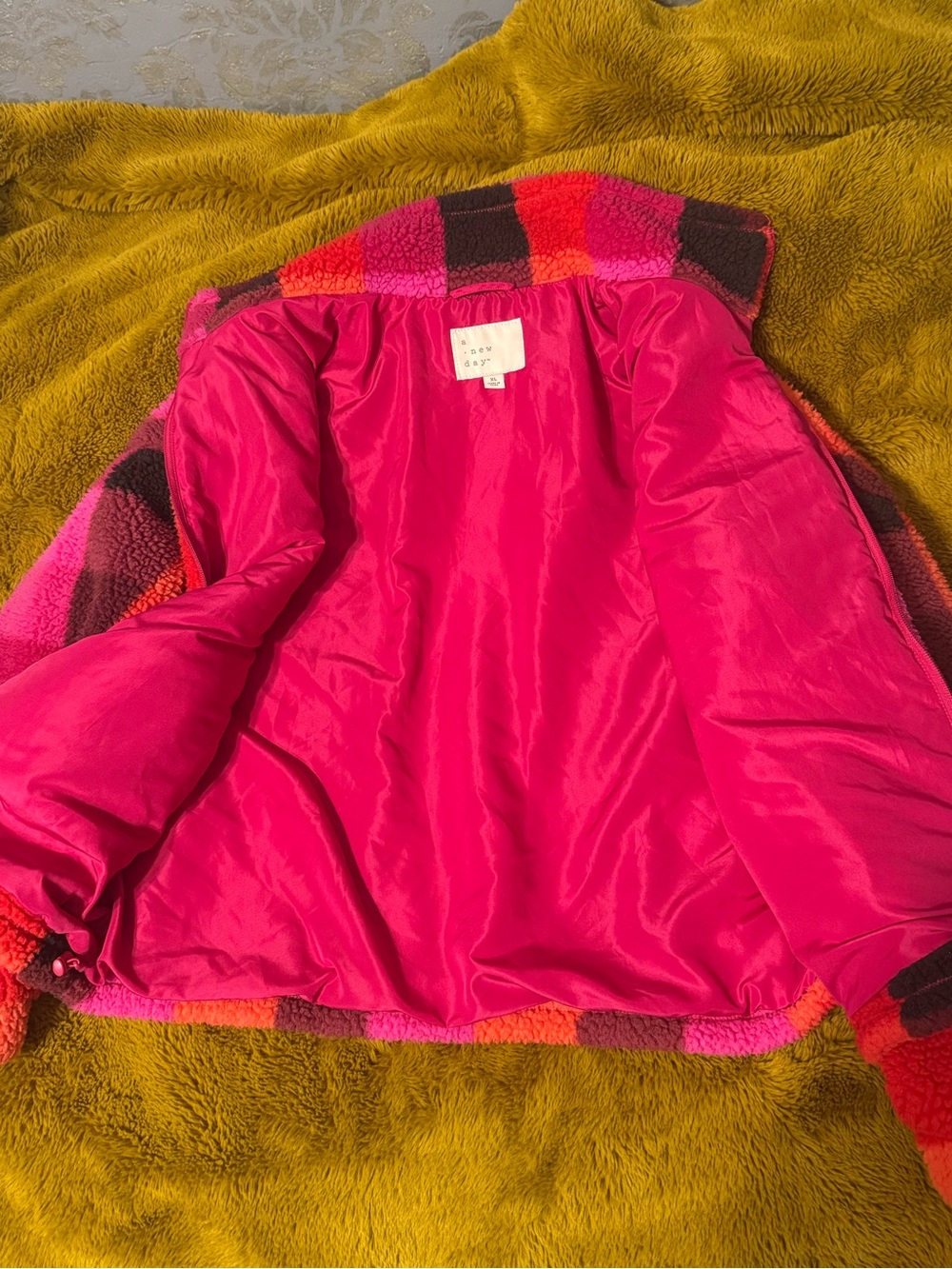 a new day Pink & Red Plush Checkerboard Zip Jacket - Picture 4 of 6